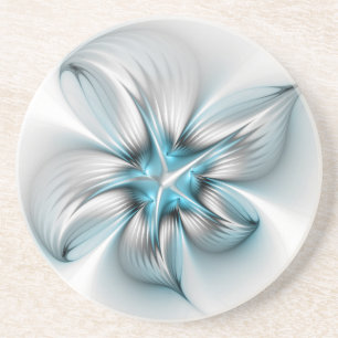 Floral Elegance Modern Abstract Blue Fractal Art Coaster
