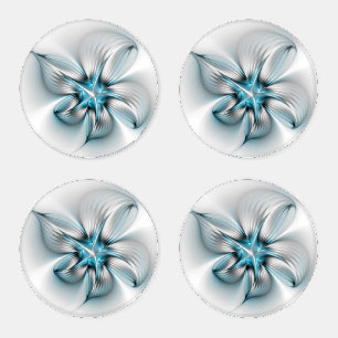 Floral Elegance Modern Abstract Blue Fractal Art Coaster Set