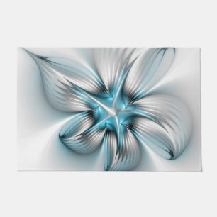 Floral Elegance Modern Abstract Blue Fractal Art Doormat