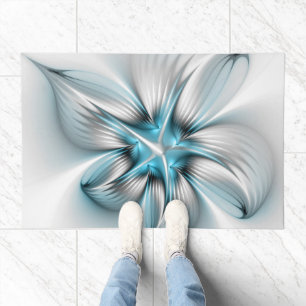Floral Elegance Modern Abstract Blue Fractal Art Doormat