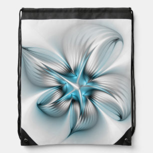 Floral Elegance Modern Abstract Blue Fractal Art Drawstring Bag