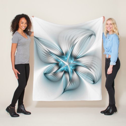 Floral Elegance Modern Abstract Blue Fractal Art Fleece Blanket