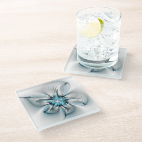 Floral Elegance Modern Abstract Blue Fractal Art Glass Coaster
