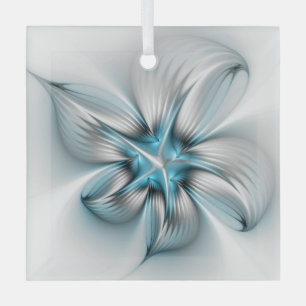Floral Elegance Modern Abstract Blue Fractal Art Glass Ornament