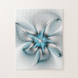 Floral Elegance Modern Abstract Blue Fractal Art Jigsaw Puzzle