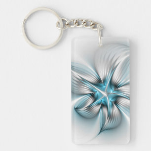 Floral Elegance Modern Abstract Blue Fractal Art Keychain