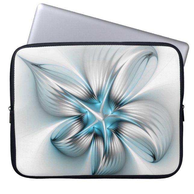 Floral Elegance Modern Abstract Blue Fractal Art Laptop Sleeve (Front)