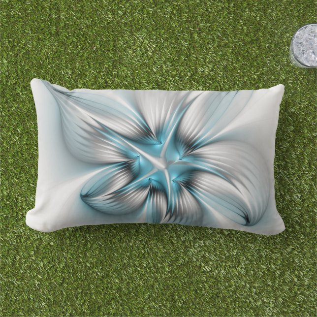 Floral Elegance Modern Abstract Blue Fractal Art Lumbar Pillow (Grass)