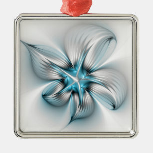 Floral Elegance Modern Abstract Blue Fractal Art Metal Ornament