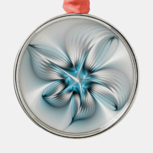 Floral Elegance Modern Abstract Blue Fractal Art Metal Ornament