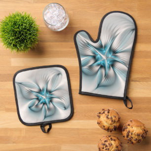 Floral Elegance Modern Abstract Blue Fractal Art Oven Mitt & Pot Holder Set