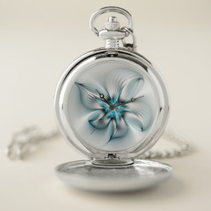 Floral Elegance Modern Abstract Blue Fractal Art Pocket Watch