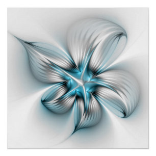 Floral Elegance Modern Abstract Blue Fractal Art Poster