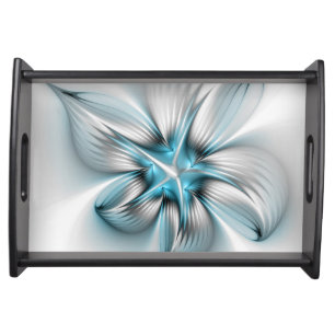 Floral Elegance Modern Abstract Blue Fractal Art Serving Tray