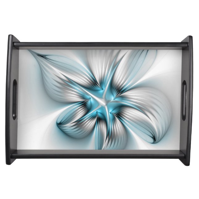 Floral Elegance Modern Abstract Blue Fractal Art Serving Tray (Front)