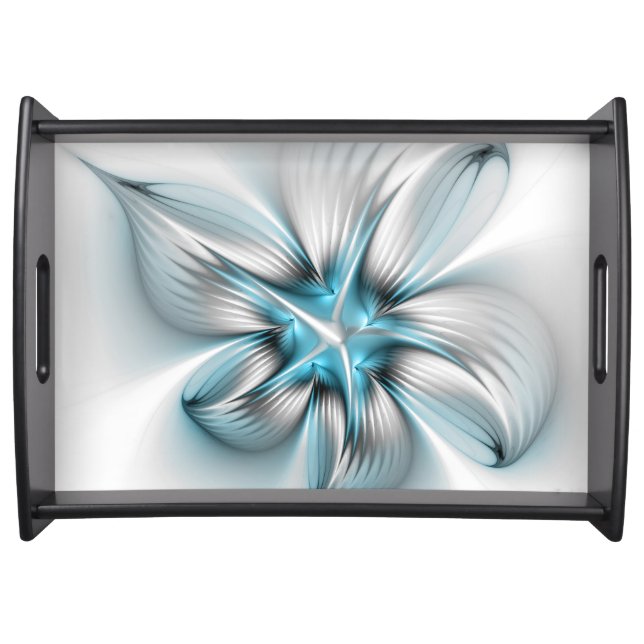 Floral Elegance Modern Abstract Blue Fractal Art Serving Tray (Front)