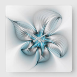 Floral Elegance Modern Abstract Blue Fractal Art Square Wall Clock