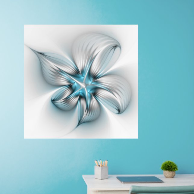 Floral Elegance Modern Abstract Blue Fractal Art Wall Decal (Home Office)