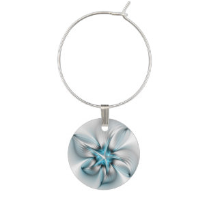 Floral Elegance Modern Abstract Blue Fractal Art Wine Charm