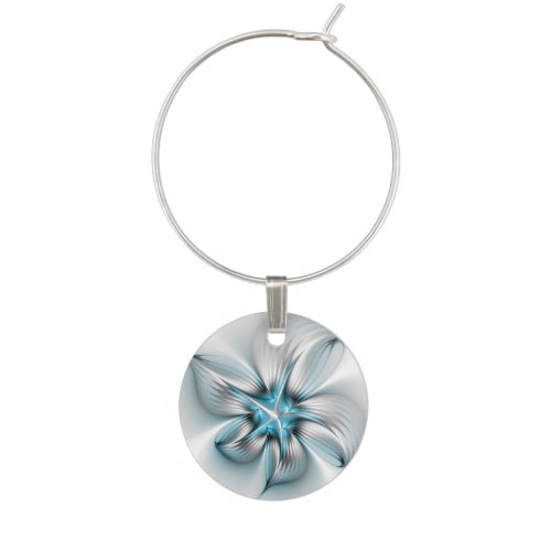 Floral Elegance Modern Abstract Blue Fractal Art Wine Charm