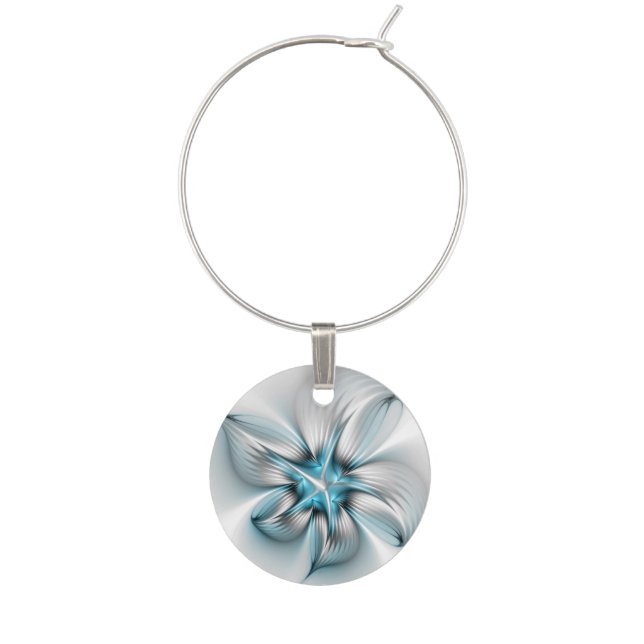Floral Elegance Modern Abstract Blue Fractal Art Wine Charm (Front)