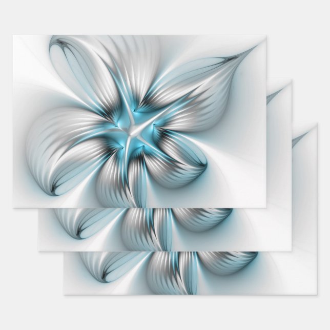 Floral Elegance Modern Abstract Blue Fractal Art Wrapping Paper Sheets (Set)