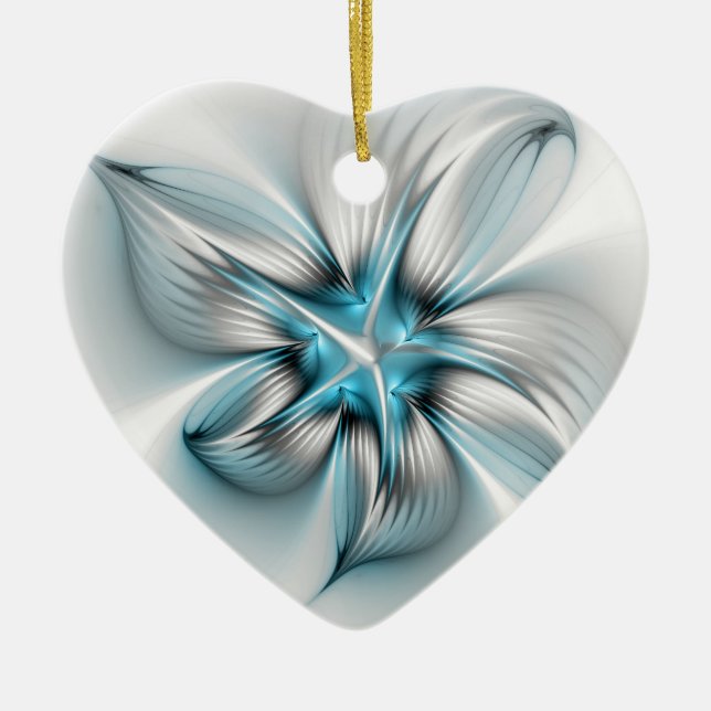 Floral Elegance Modern Abstract Blue Fractal Heart Ceramic Ornament (Front)