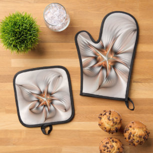 Floral Elegance Modern Abstract Fractal Art Oven Mitt & Pot Holder Set