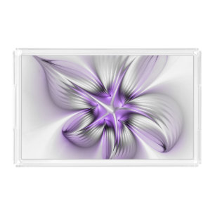 Floral Elegance Modern Abstract Violet Fractal Art Acrylic Tray