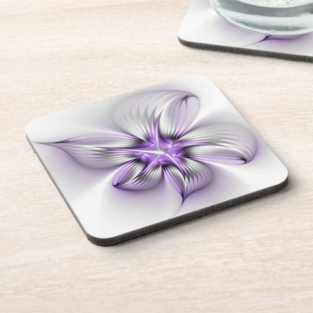 Floral Elegance Modern Abstract Violet Fractal Art Beverage Coaster (Left Side)