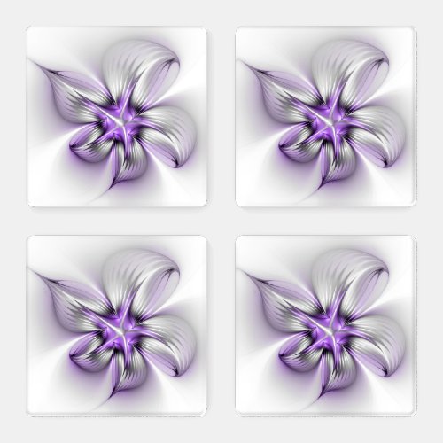 Floral Elegance Modern Abstract Violet Fractal Art Coaster Set
