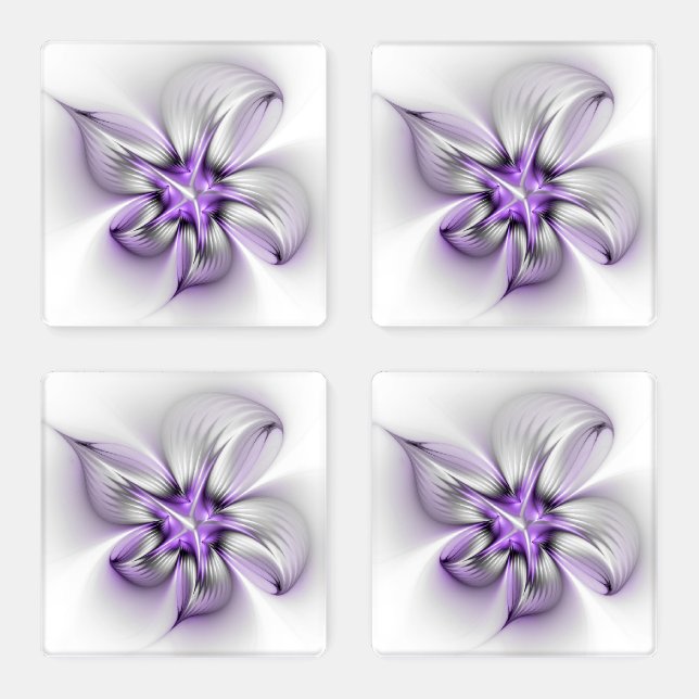 Floral Elegance Modern Abstract Violet Fractal Art Coaster Set (Set)