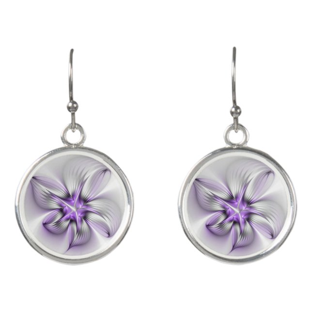 Floral Elegance Modern Abstract Violet Fractal Art Earrings (Front)