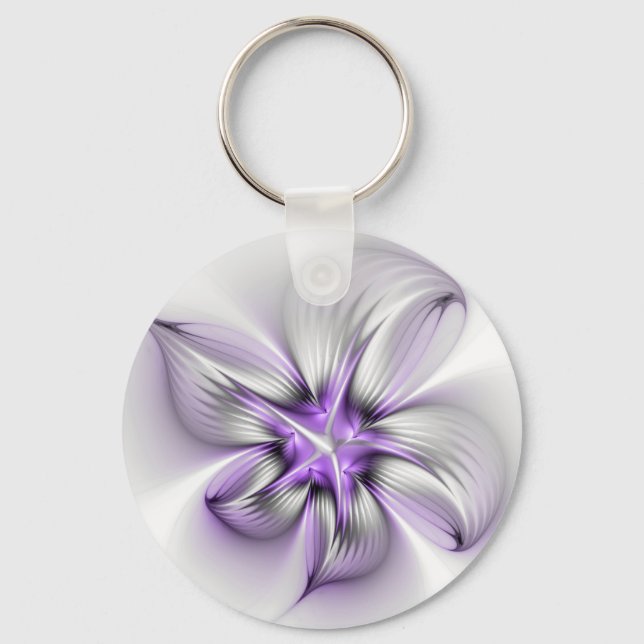 Floral Elegance Modern Abstract Violet Fractal Art Keychain (Front)