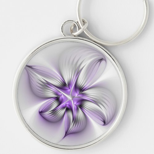 Floral Elegance Modern Abstract Violet Fractal Art Keychain