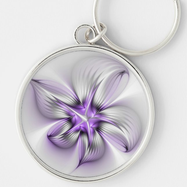 Floral Elegance Modern Abstract Violet Fractal Art Keychain (Front)