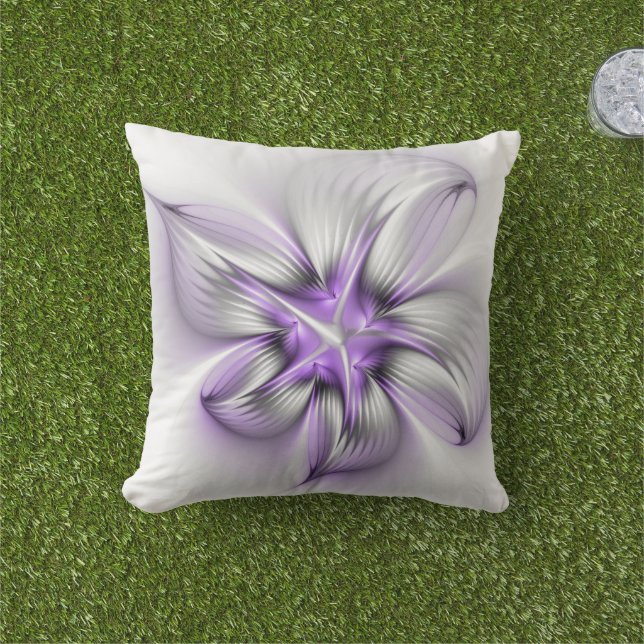 Floral Elegance Modern Abstract Violet Fractal Art Outdoor Pillow (Grass)