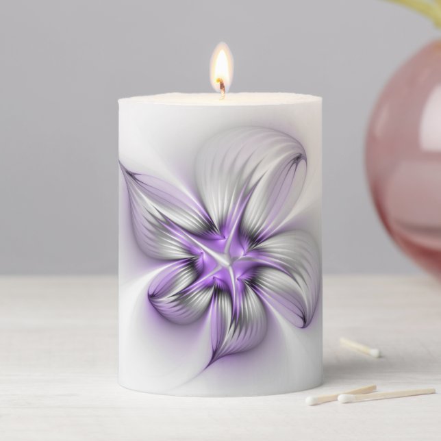 Floral Elegance Modern Abstract Violet Fractal Art Pillar Candle (In Situ)