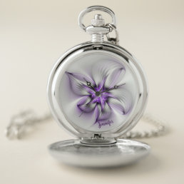 Floral Elegance Modern Abstract Violet Fractal Art Pocket Watch