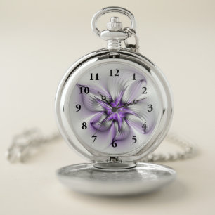 Floral Elegance Modern Abstract Violet Fractal Art Pocket Watch
