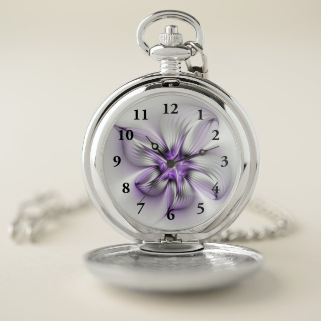 Floral Elegance Modern Abstract Violet Fractal Art Pocket Watch (Inside)