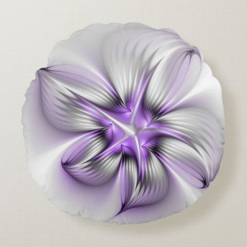 Floral Elegance Modern Abstract Violet Fractal Art Round Pillow