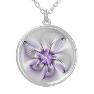 Floral Elegance Modern Abstract Violet Fractal Art Silver Plated Necklace