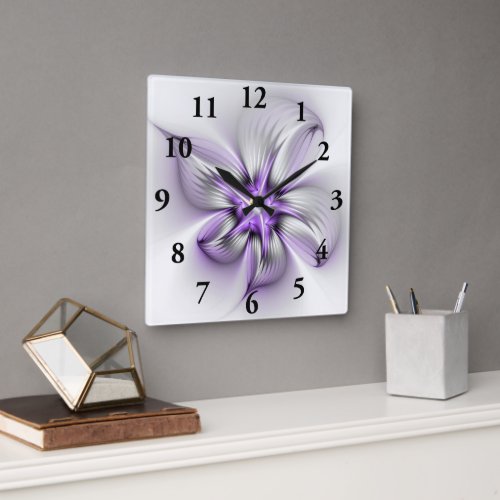 Floral Elegance Modern Abstract Violet Fractal Art Square Wall Clock