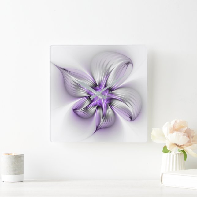 Floral Elegance Modern Abstract Violet Fractal Art Square Wall Clock (Home)