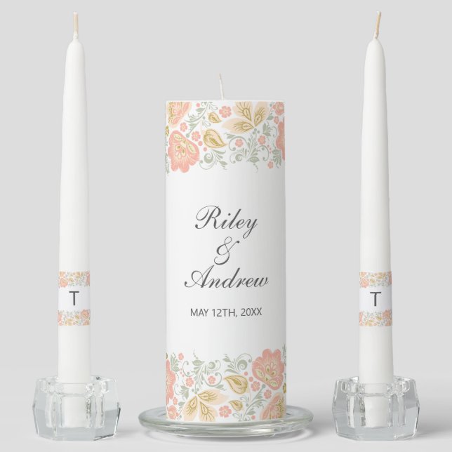 Floral Elegance Peach Blush Sage Classic Wedding Unity Candle Set (Front)
