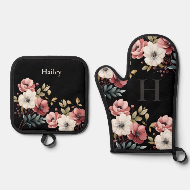 Floral Elegance Personalized Oven Mitt & Pot Holder Set (Front)