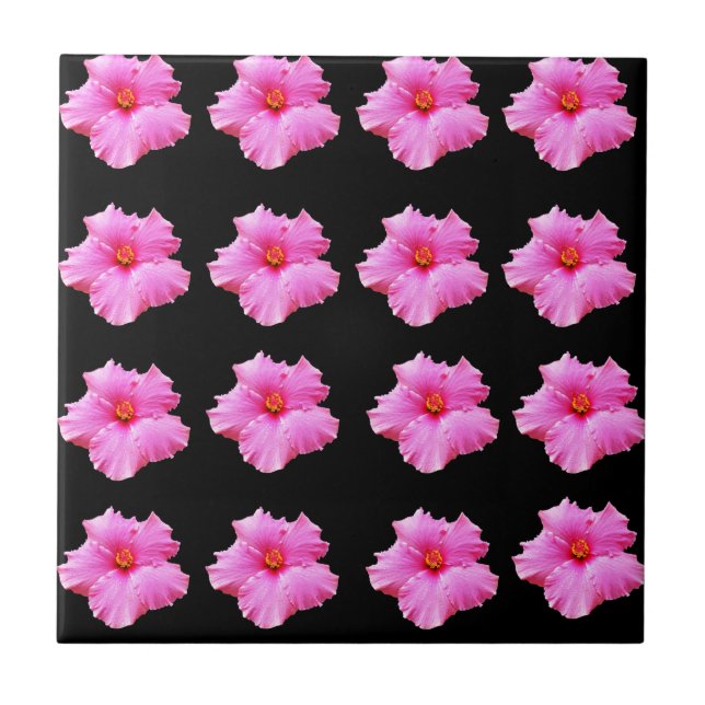 "Floral Elegance: Pink Hibiscus Blooms on Black" Tile (Front)