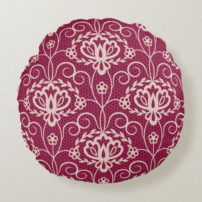 Floral Elegance: Red Lace Pattern Round Pillow (Front)