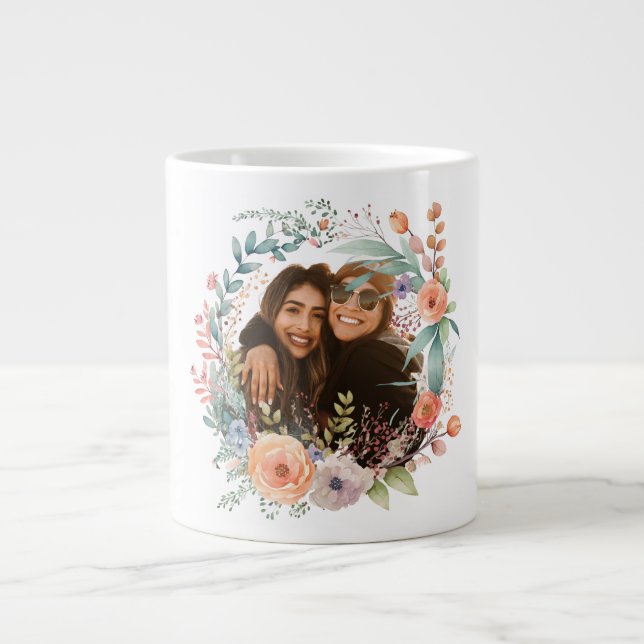 Floral Elegance Spring Wreath Photo Latte Giant Coffee Mug (Front)